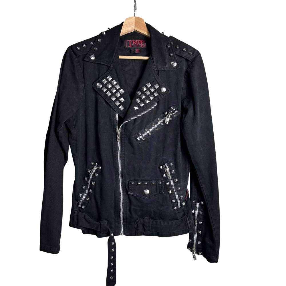 Tripp‎ NYC Black Denim Studded Moto Jacket Punk Goth XS emo biker